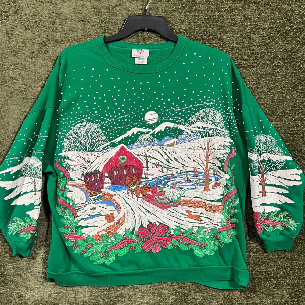 Nutcracker Sweatshirt Womens 22W Green Vintage Made in USA Christmas Winter